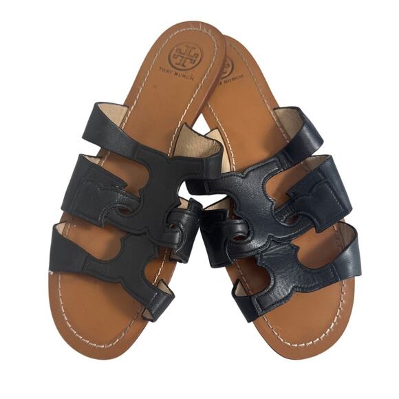 Tory Burch Leather Anchor T Flat Cutout Accent Slide Sandals Black Womens 7 1/2 - Picture 1 of 5